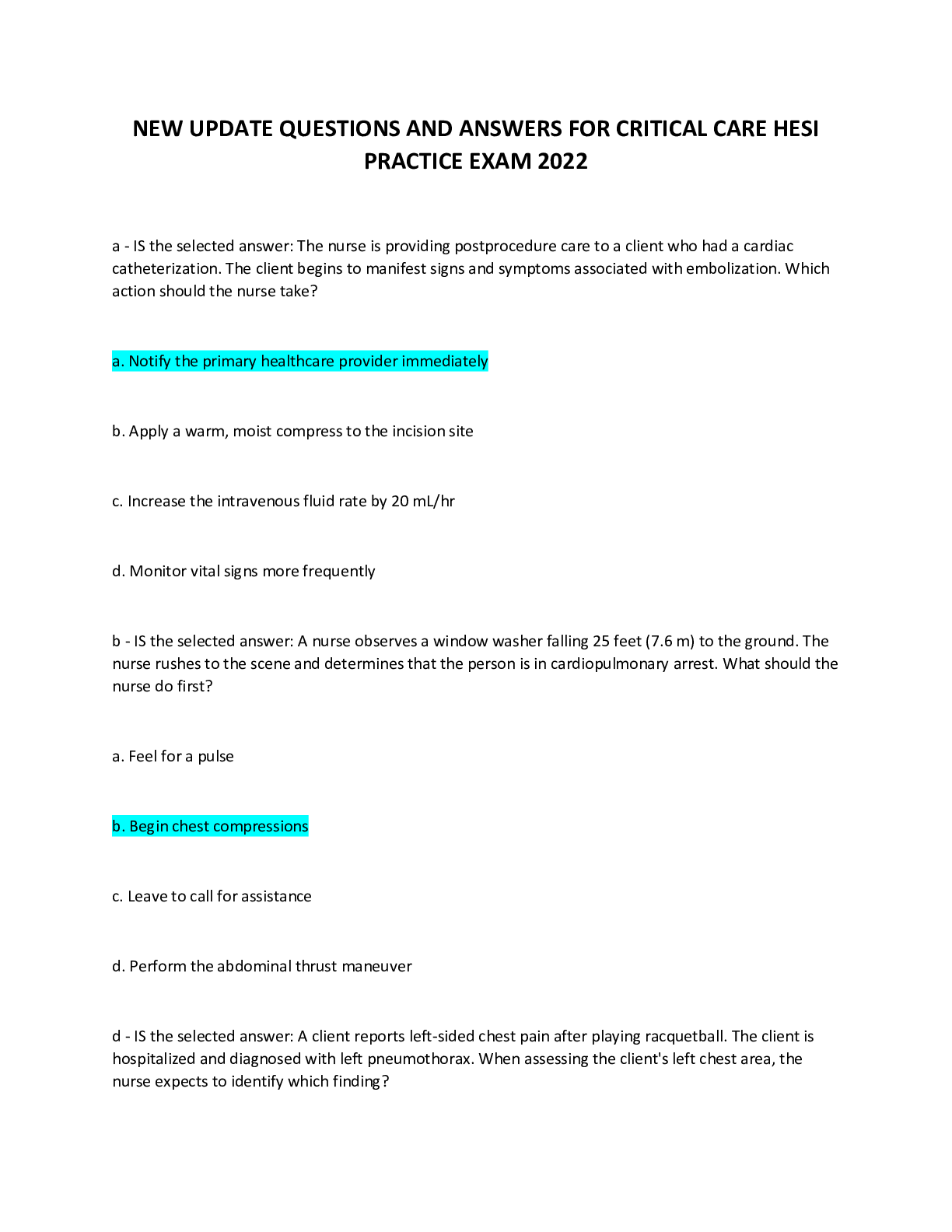 Preview of NEW UPDATE QUESTIONS AND ANSWERS FOR CRITICAL CARE HESI PRACTICE EXAM 2022